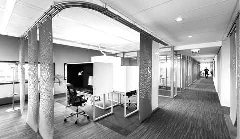 Textiles in an office space (black & white)